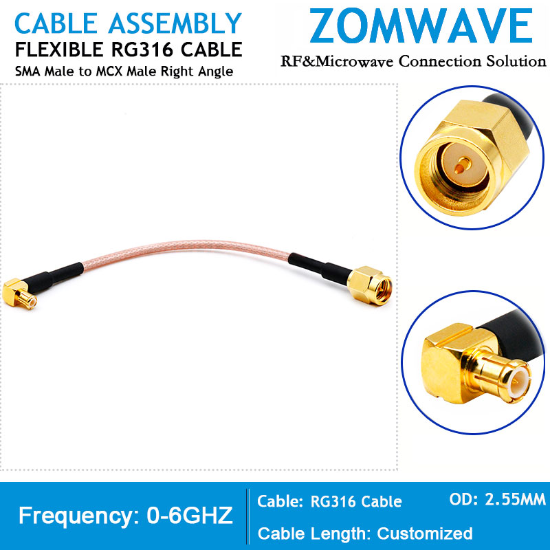 SMA Male to MCX Male Right Angle, RG316 Cable, 6GHz