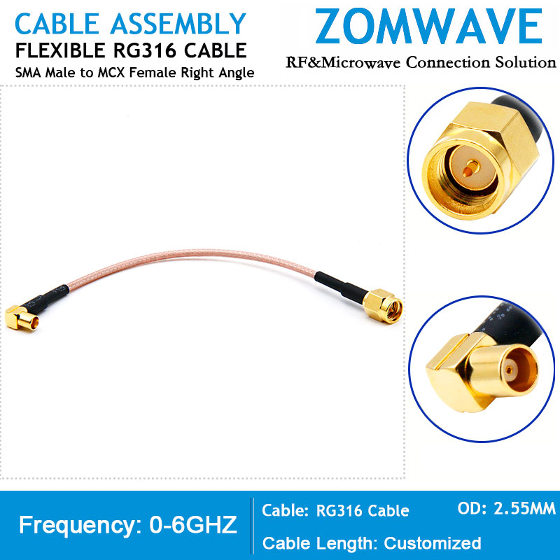 SMA Male to MCX Female Right Angle, RG316 Cable, 6GHz