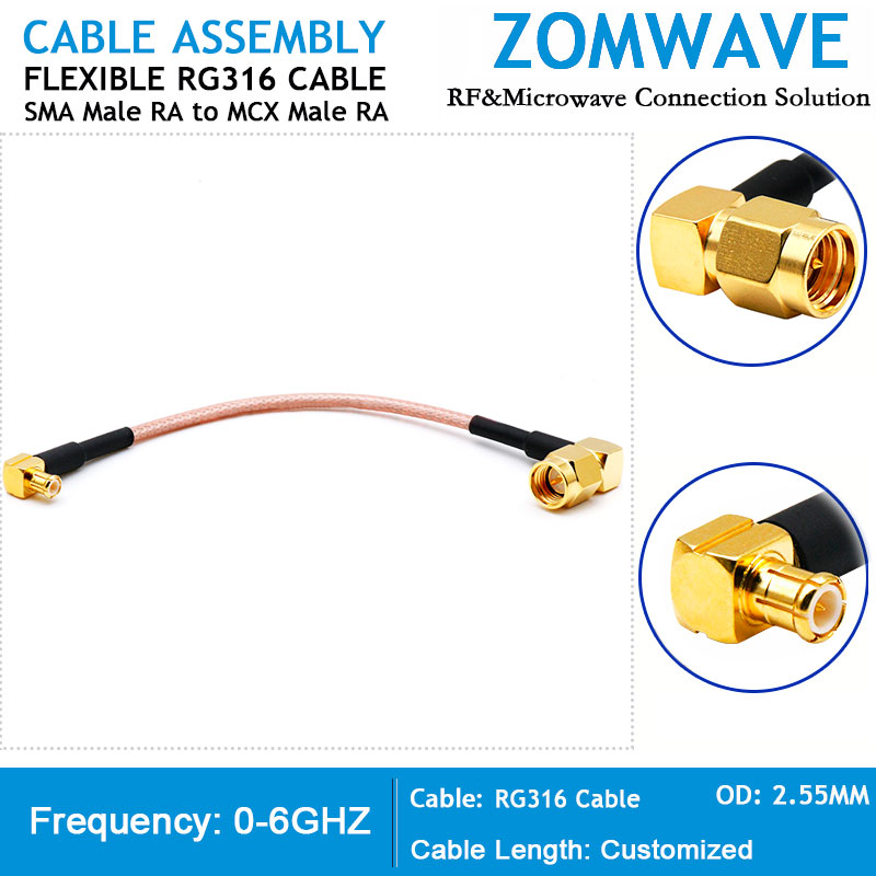 SMA Male Right Angle to MCX Male Right Angle, RG316 Cable, 6GHz