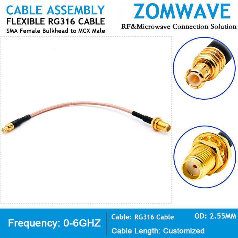 SMA Female Bulkhead to MCX Male, RG316 Cable, 6GHz