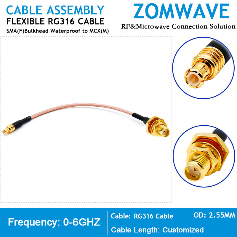 SMA Female Bulkhead Waterproof to MCX Male, RG316 Cable, 6GHz