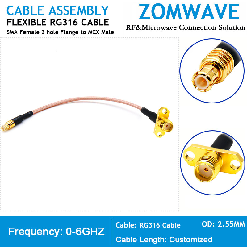 SMA Female 2 hole Flange to MCX Male, RG316 Cable, 6GHz