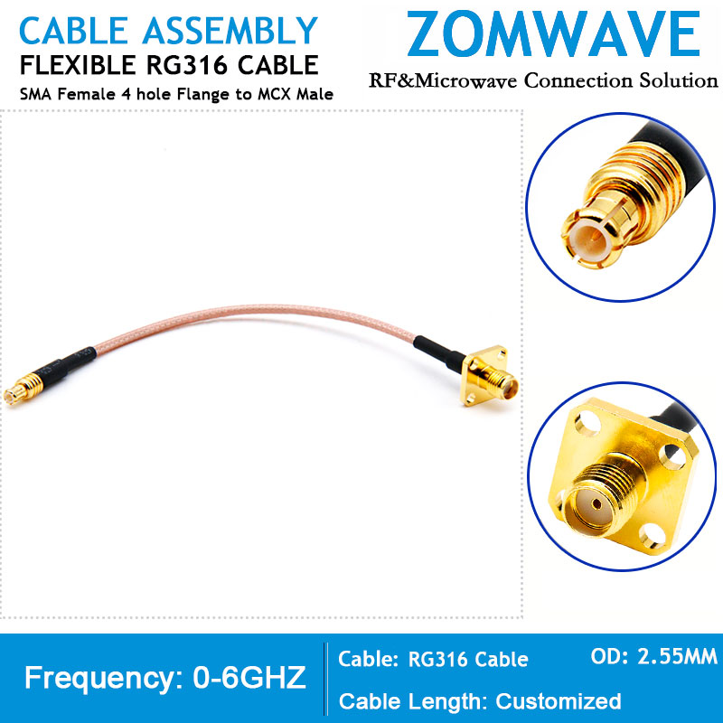 SMA Female 4 hole Flange to MCX Male, RG316 Cable, 6GHz