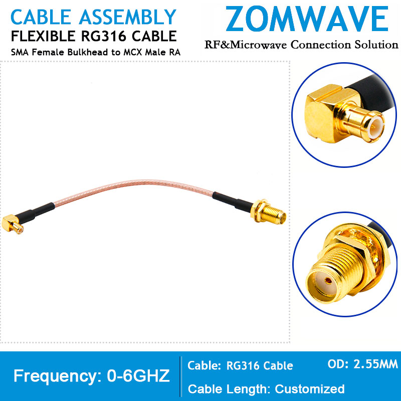 SMA Female Bulkhead to MCX Male Right Angle, RG316 Cable, 6GHz
