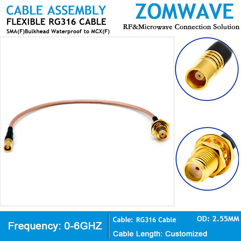 SMA Female Bulkhead Waterproof to MCX Female, RG316 Cable, 6GHz