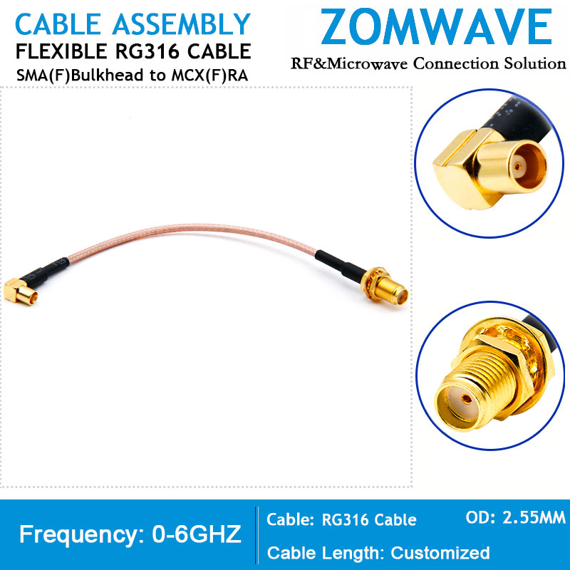 SMA Female Bulkhead to MCX Female Right Angle, RG316 Cable, 6GHz