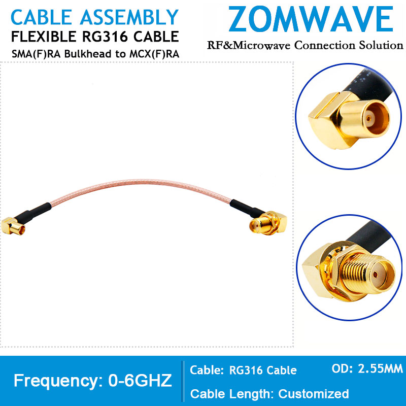 SMA Female Right Angle Bulkhead to MCX Female Right Angle, RG316 Cable, 6GHz