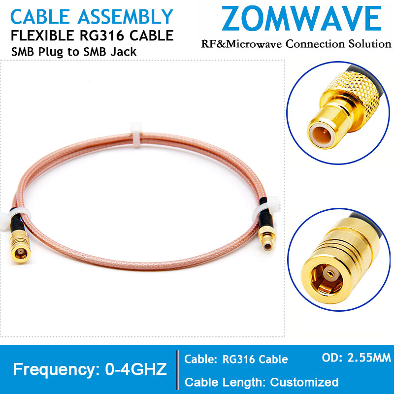 SMB Plug to SMB Jack, RG316 Cable, 4GHz