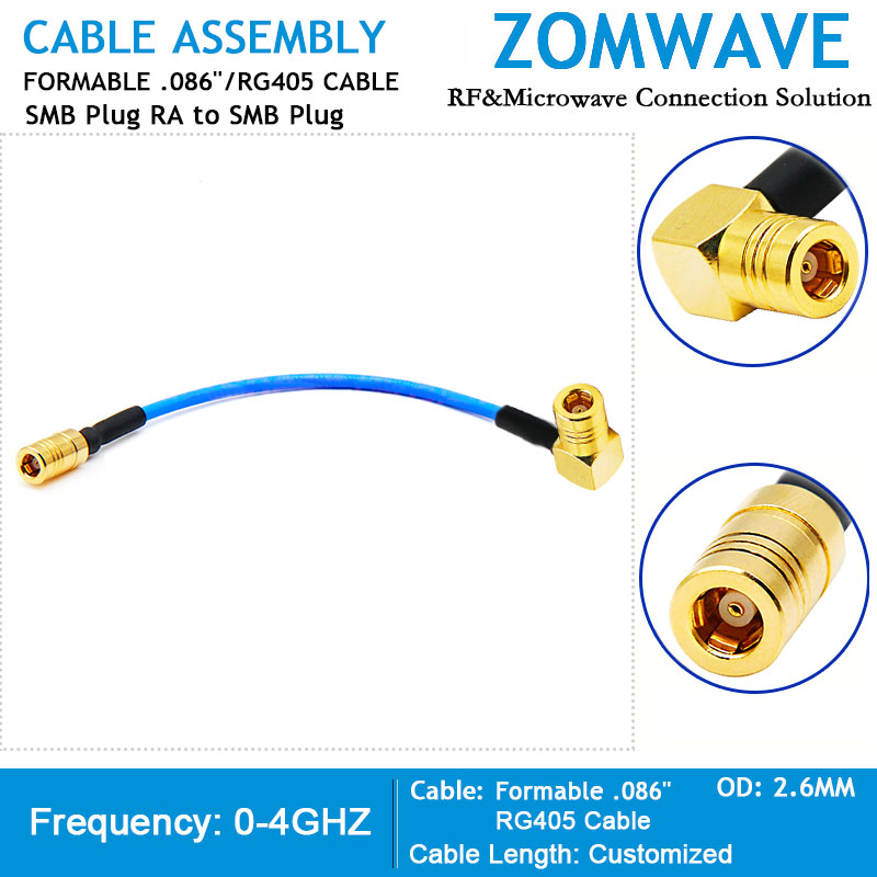 SMB Plug Right Angle to SMB Plug, Formable .086''_RG405 Cable, 4GHz