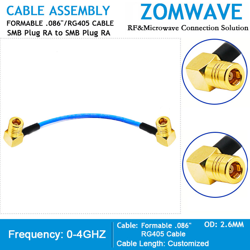 SMB Plug Right Angle to SMB Plug Right Angle, Formable .086''_RG405 Cable, 4GHz