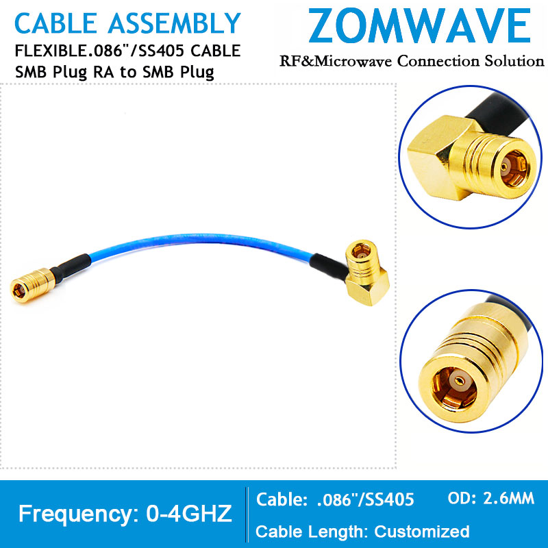 SMB Plug Right Angle to SMB Plug, Flexible .086''_SS405 Cable, 4GHz