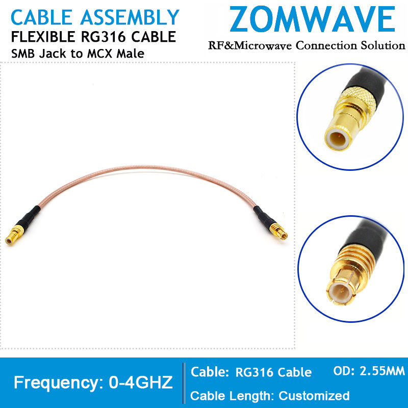 SMB Jack to MCX Male, RG316 Cable, 4GHz