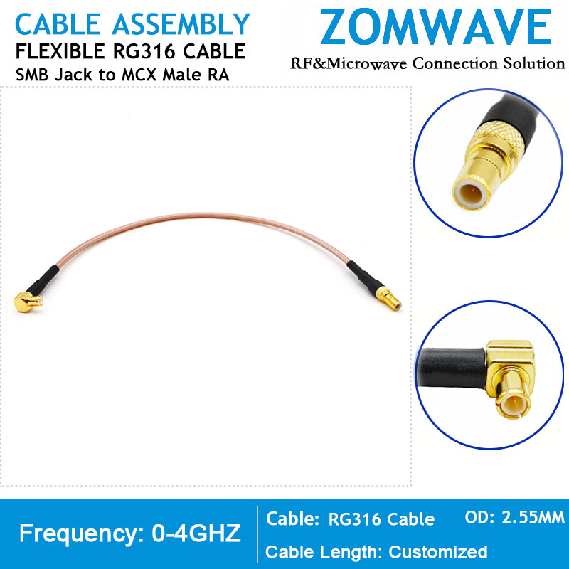 SMB Jack to MCX Male Right Angle, RG316 Cable, 4GHz