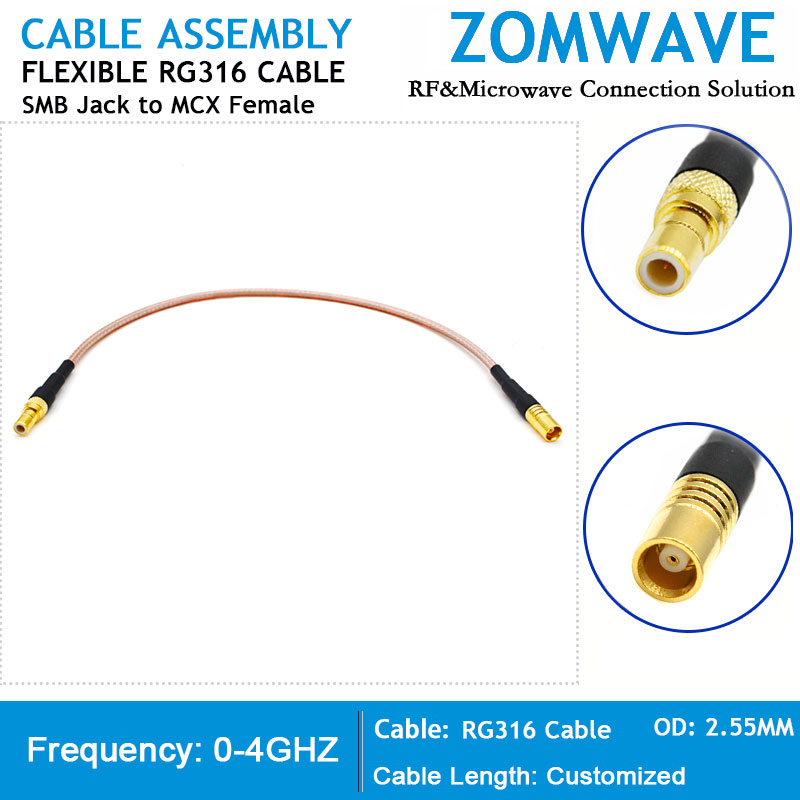 SMB Jack to MCX Female, RG316 Cable, 4GHz