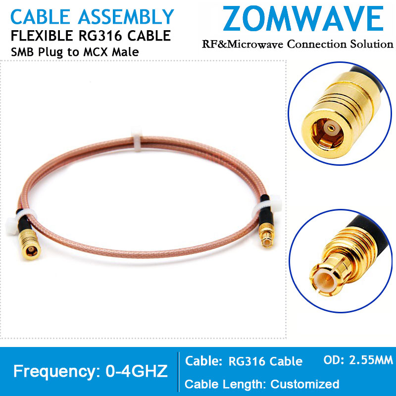 SMB Plug to MCX Male, RG316 Cable, 4GHz