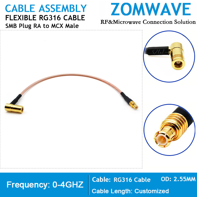 SMB Plug Right Angle to MCX Male, RG316 Cable, 4GHz