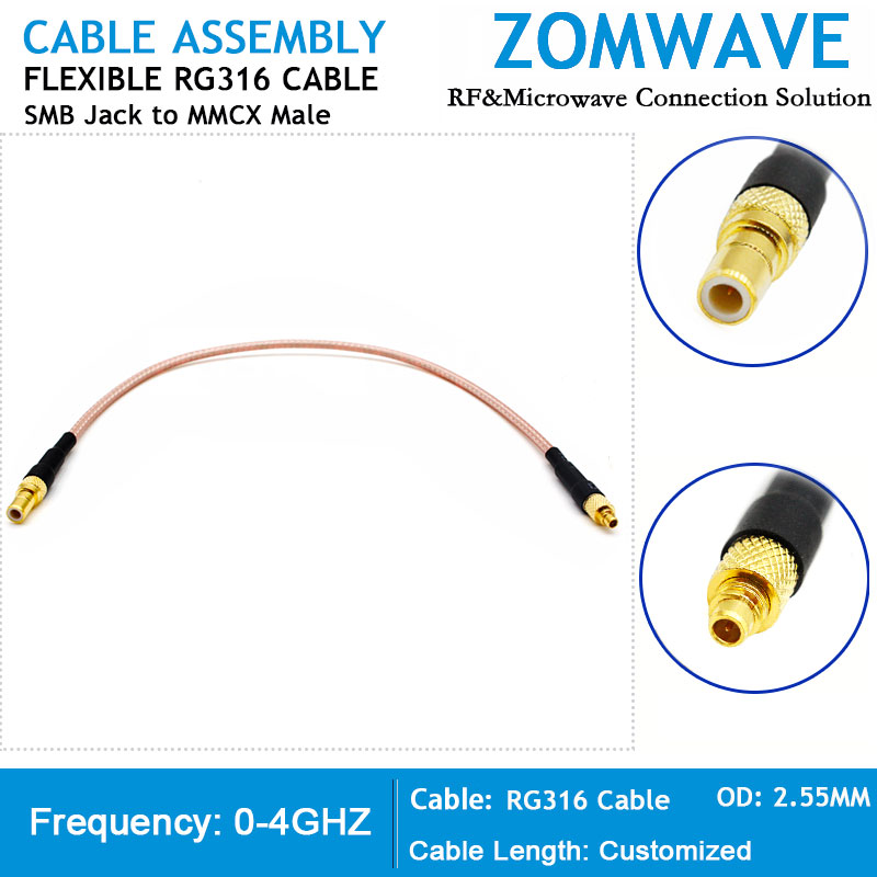 SMB Jack to MMCX Male, RG316 Cable, 4GHz