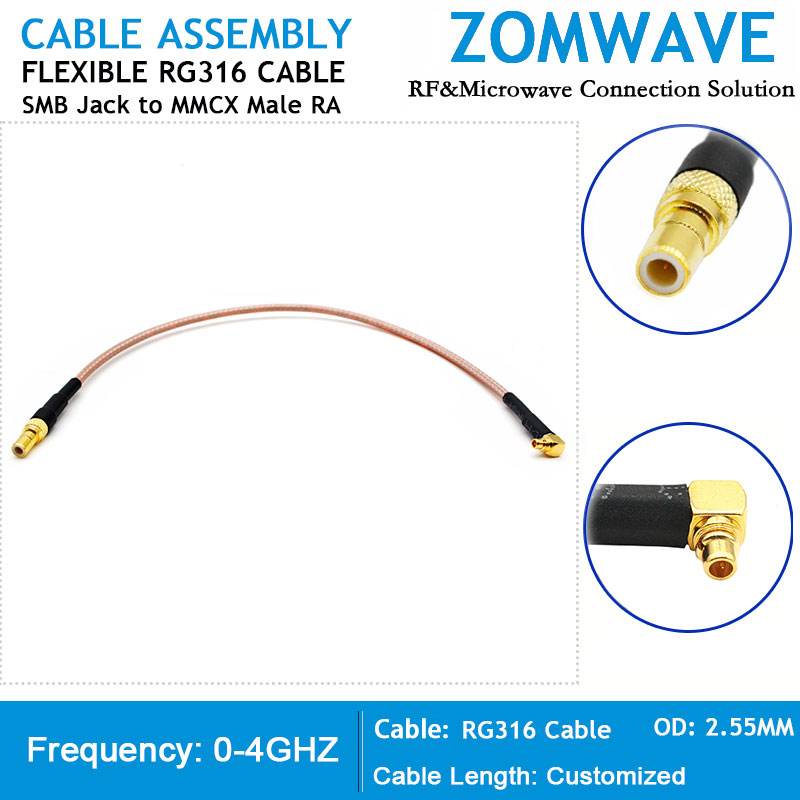 SMB Jack to MMCX Male Right Angle, RG316 Cable, 4GHz