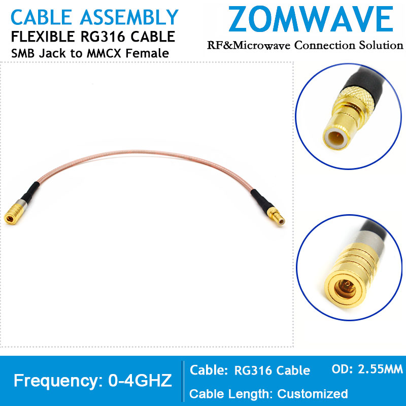 SMB Jack to MMCX Female, RG316 Cable, 4GHz