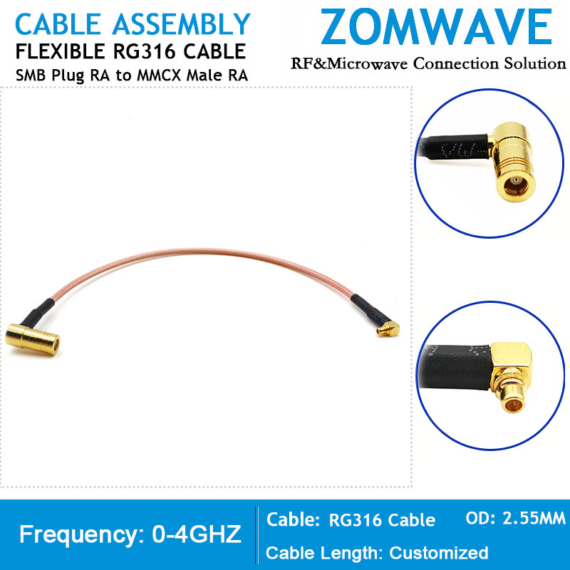 SMB Plug Right Angle to MMCX Male Right Angle, RG316 Cable, 4GHz