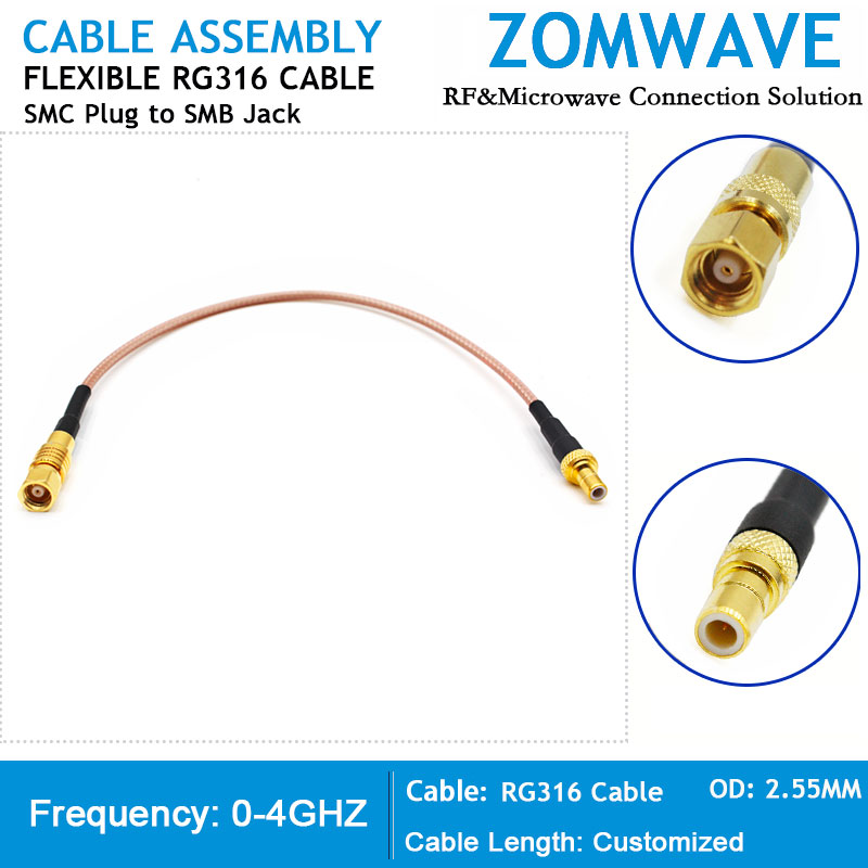 SMC Plug to SMB Jack, RG316 Cable, 4GHz