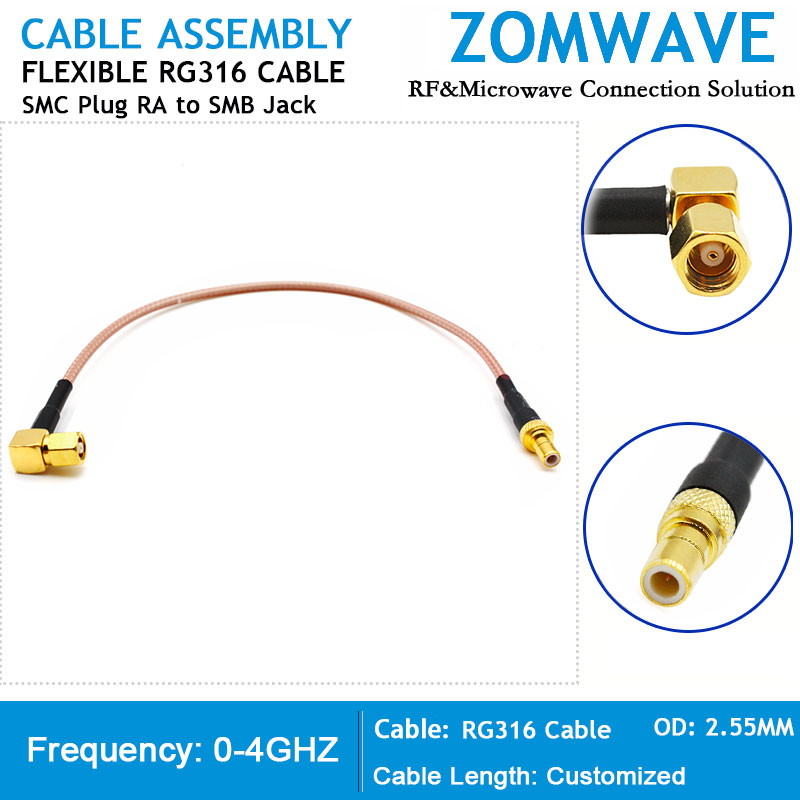 SMC Plug Right Angle to SMB Jack, RG316 Cable, 4GHz