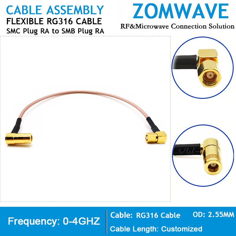 SMC Plug Right Angle to SMB Plug Right Angle, RG316 Cable, 4GHz