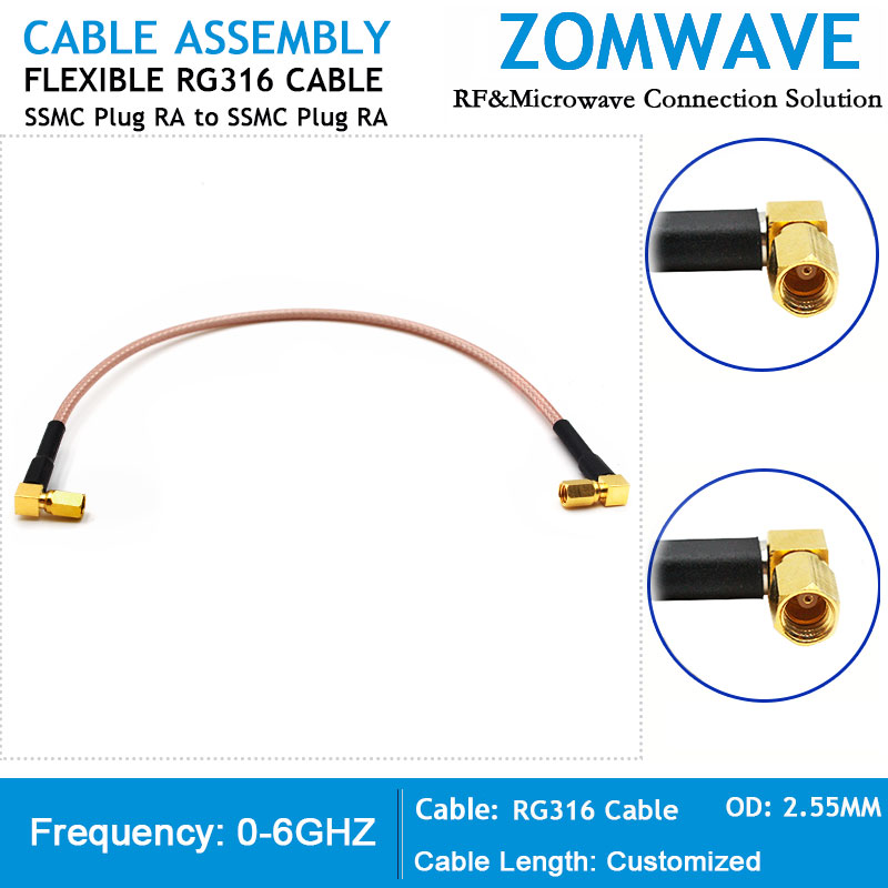 SSMC Plug Right Angle to SSMC Plug Right Angle, RG316 Cable, 6GHz