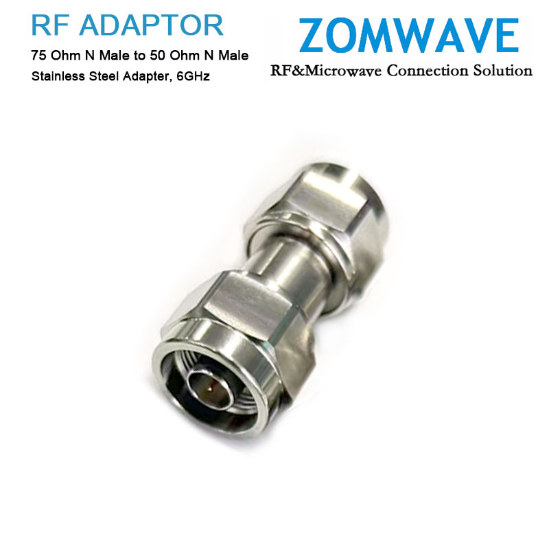 75 Ohm N Male to 50 Ohm N Male Stainless Steel Adapter, 6GHz