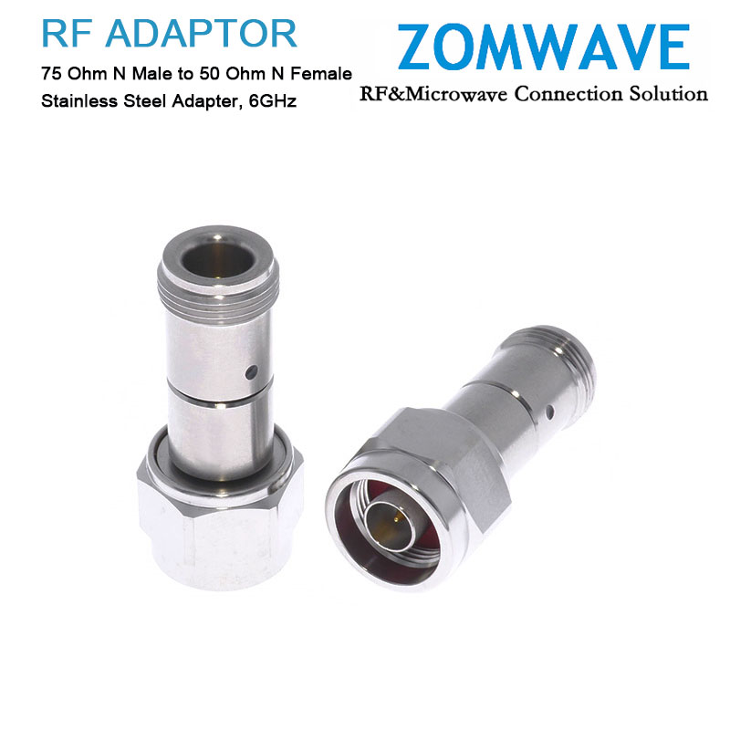 75 Ohm N Male to 50 Ohm N Female Stainless Steel Adapter, 6GHz