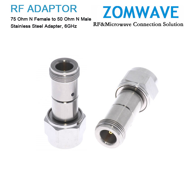 75 Ohm N Female to 50 Ohm N Male Stainless Steel Adapter, 6GHz