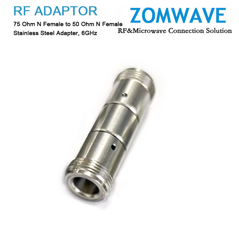 75 Ohm N Female to 50 Ohm N Female Stainless Steel Adapter, 6GHz