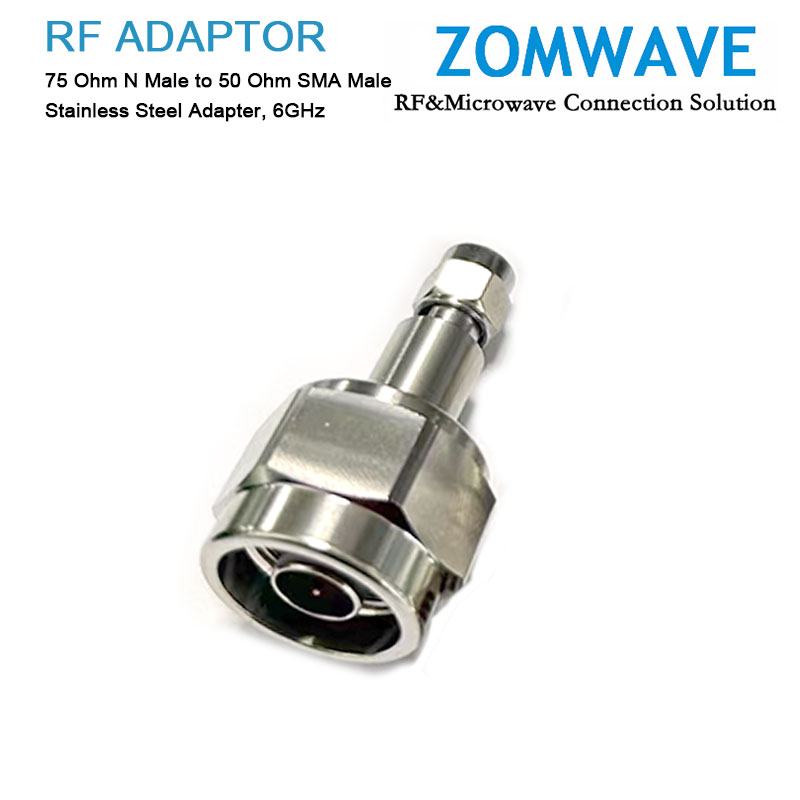 75 Ohm N Male to 50 Ohm SMA Male Stainless Steel Adapter, 6GHz