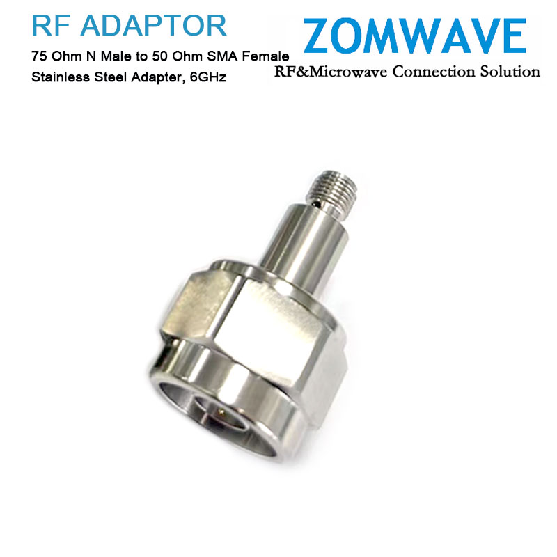 75 Ohm N Male to 50 Ohm SMA Female Stainless Steel Adapter, 6GHz