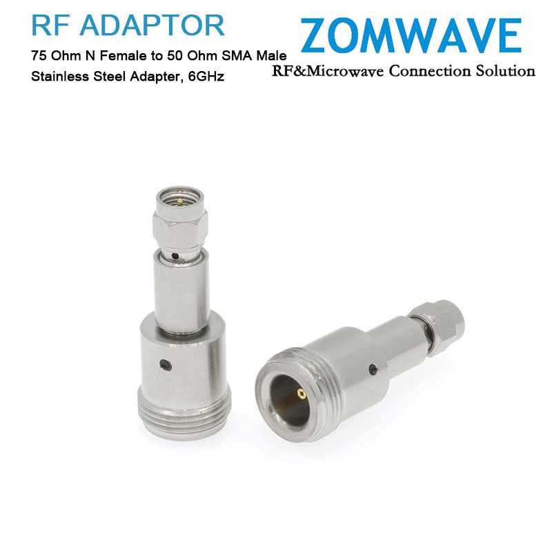 75 Ohm N Female to 50 Ohm SMA Male Stainless Steel Adapter, 6GHz