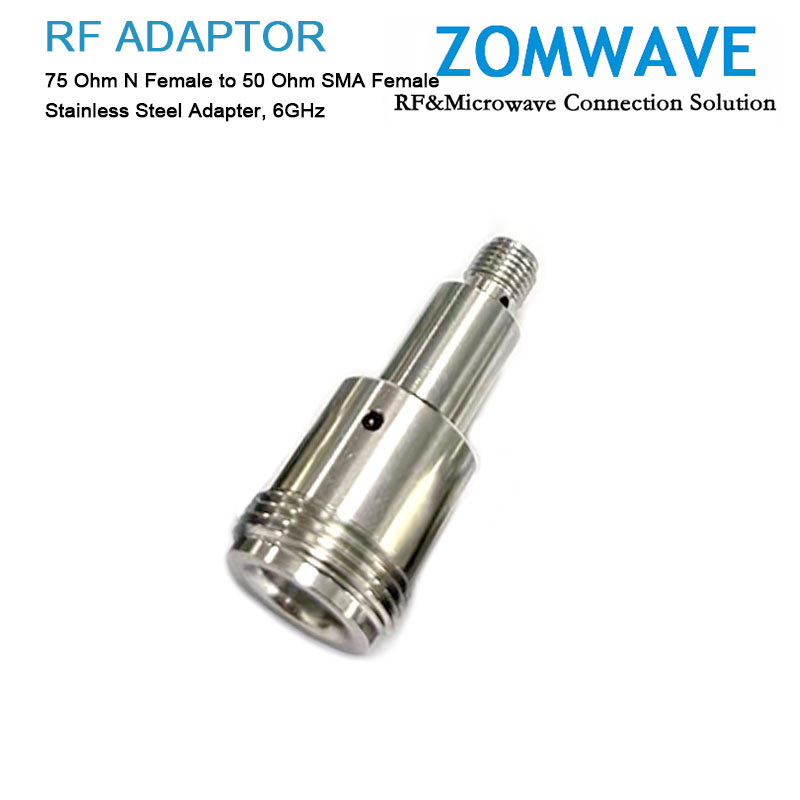 75 Ohm N Female to 50 Ohm SMA Female Stainless Steel Adapter, 6GHz