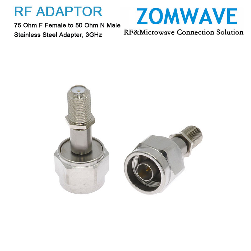 75 Ohm F Female to 50 Ohm N Male Stainless Steel Adapter, 3GHz