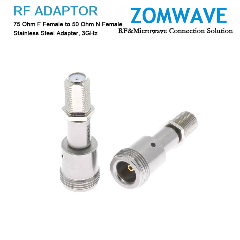 75 Ohm F Female to 50 Ohm N Female Stainless Steel Adapter, 3GHz