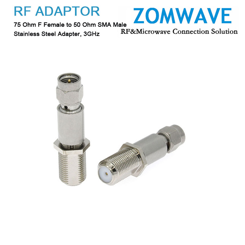 75 Ohm F Female to 50 Ohm SMA Male Stainless Steel Adapter, 3GHz