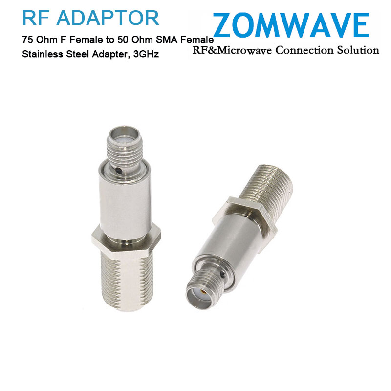 75 Ohm F Female to 50 Ohm SMA Female Stainless Steel Adapter, 3GHz