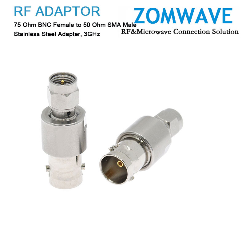 75 Ohm BNC Female to 50 Ohm SMA Male Stainless Steel Adapter, 3GHz