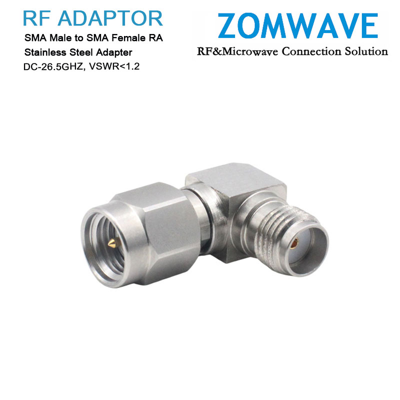 SMA Male to SMA Female Right Angle Adapter, Stainless Steel, 26.5GHz