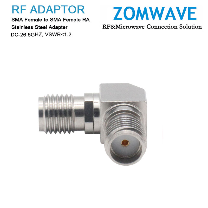 SMA Female to SMA Female Right Angle Adapter, Stainless Steel, 26.5GHz