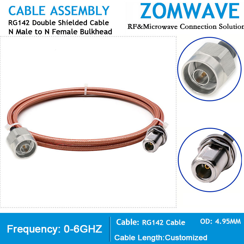 N Type Male to N Type Female Bulkhead, RG142 Double Shielded Cable, 6GHz