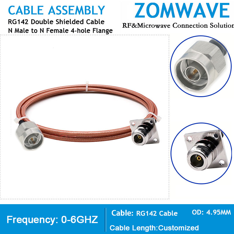 N Type Male to N Type Female 4-hole Flange, RG142 Double Shielded Cable, 6GHz