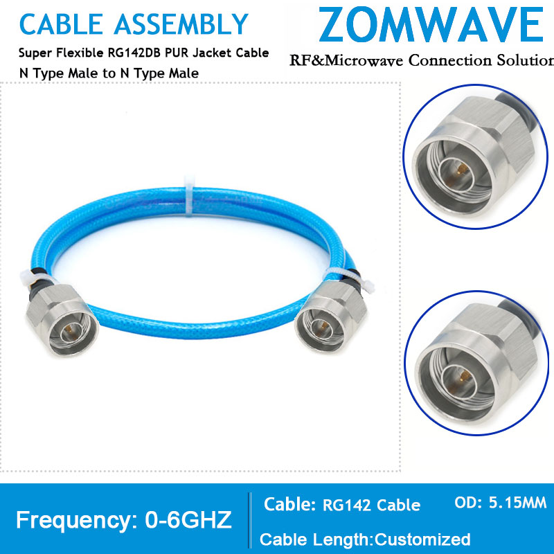 N Type Male to N Type Male, Super Flexible RG142DB PUR Jacket Cable, 6GHz