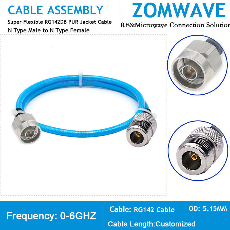 N Type Male to N Type Female, Super Flexible RG142DB PUR Jacket Cable, 6GHz