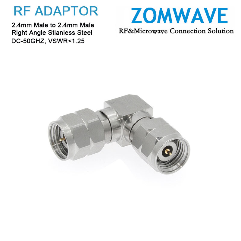 2.4mm Male to 2.4mm Male Right Angle Adapter, Stainless Steel, 50GHz