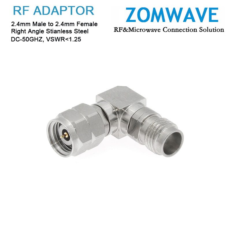 2.4mm Male to 2.4mm Female Right Angle Adapter, Stainless Steel, 50GHz