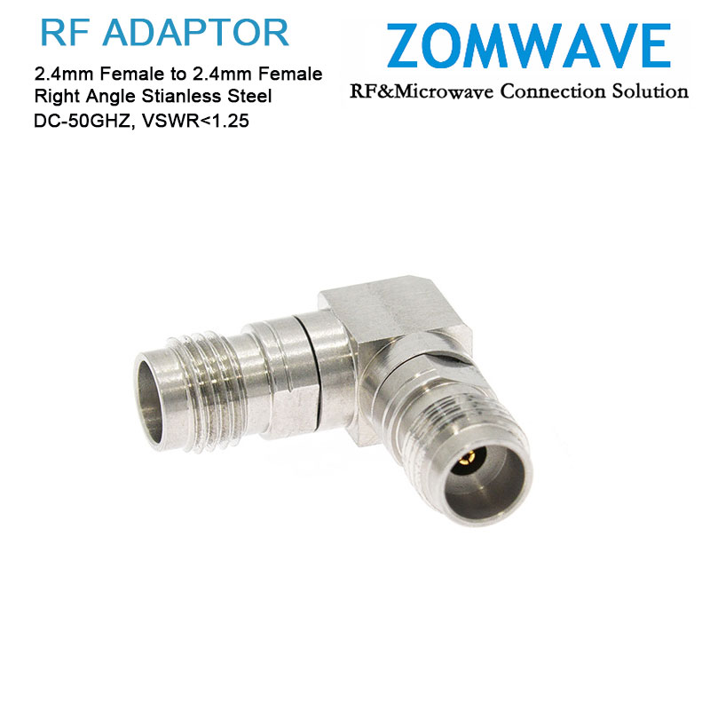 2.4mm Female to 2.4mm Female Right Angle Adapter, Stainless Steel, 50GHz